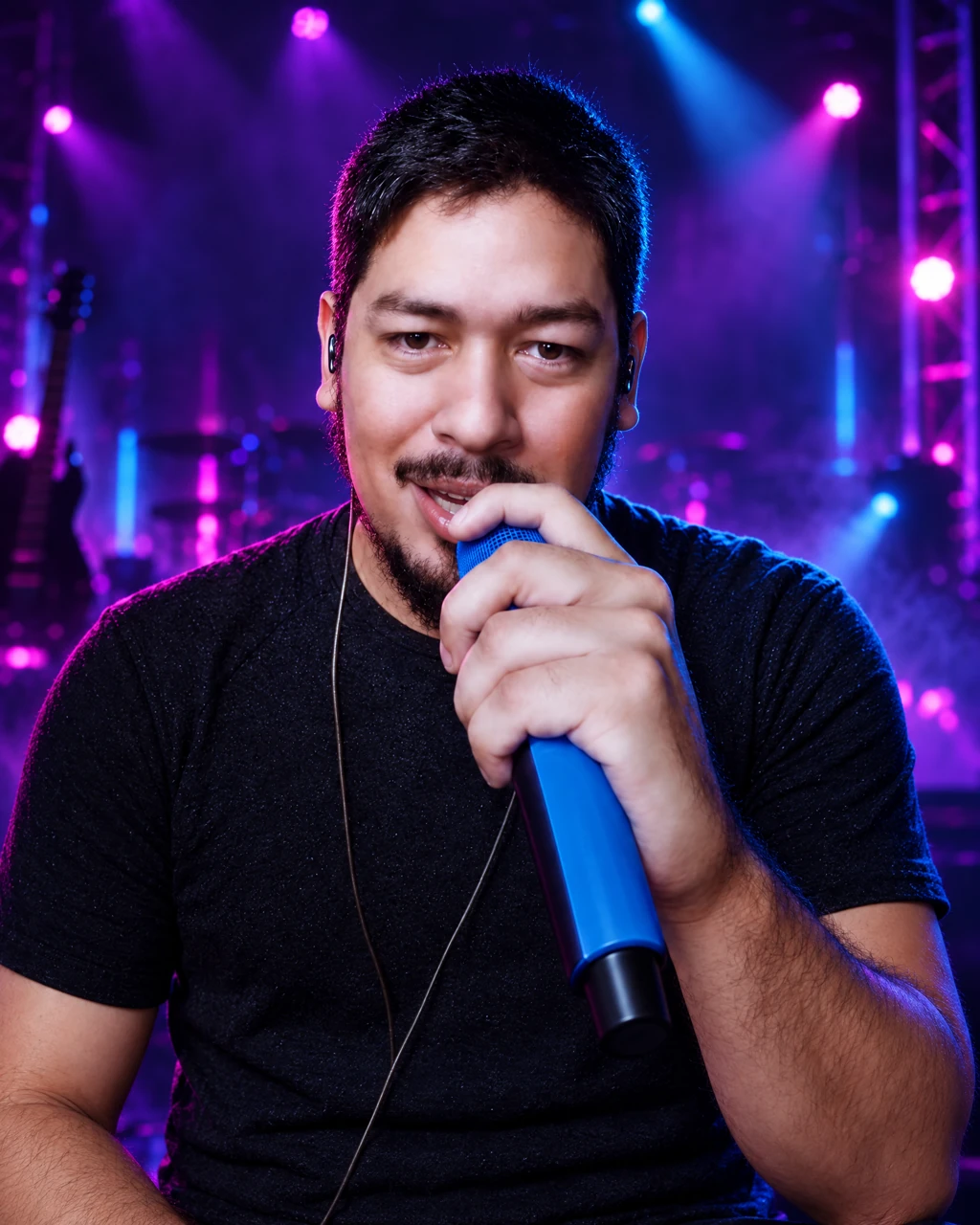 W Capitão com seu microfone azul, em um palco iluminado em violeta